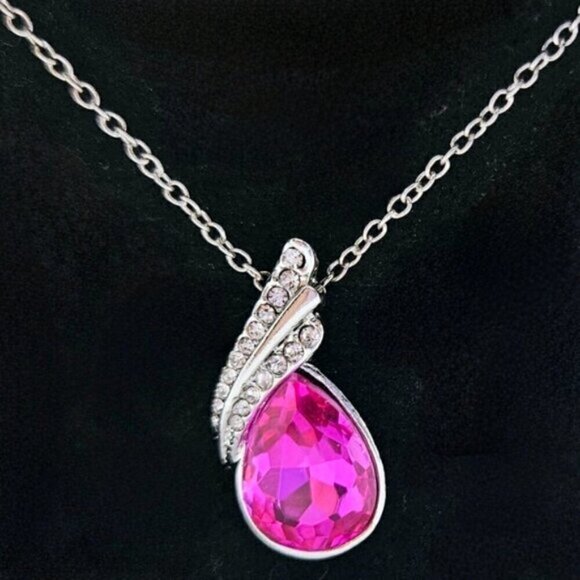 18K Gold Plated Pink Teardrop Necklace & Earring Set – Sparkling Crystal Accents - Picture 5 of 6